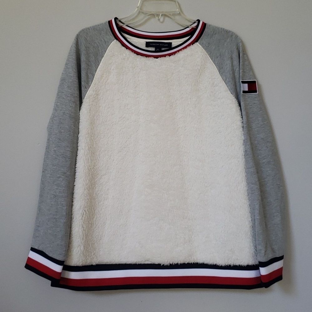 Tommy Hilfiger Fleece Mens XL Faux Fur Sweatshirt Baseball Sleeve Ringer Unisex